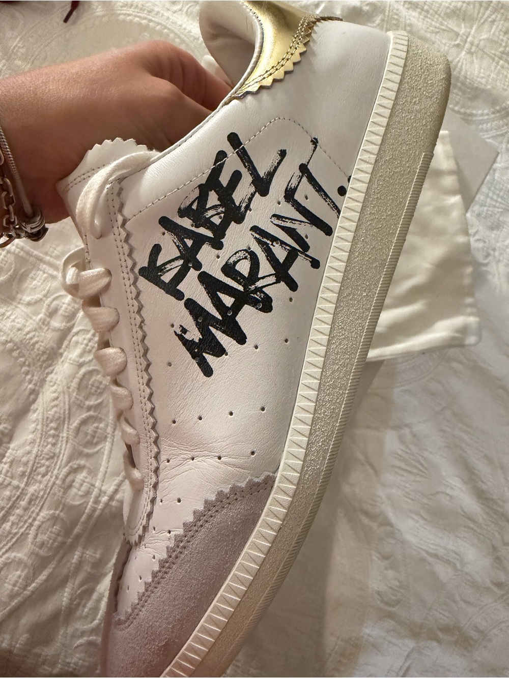 Isabel Marant White Sneakers with Gold Heel Accent and Graffiti Logo - Picture 2 of 10